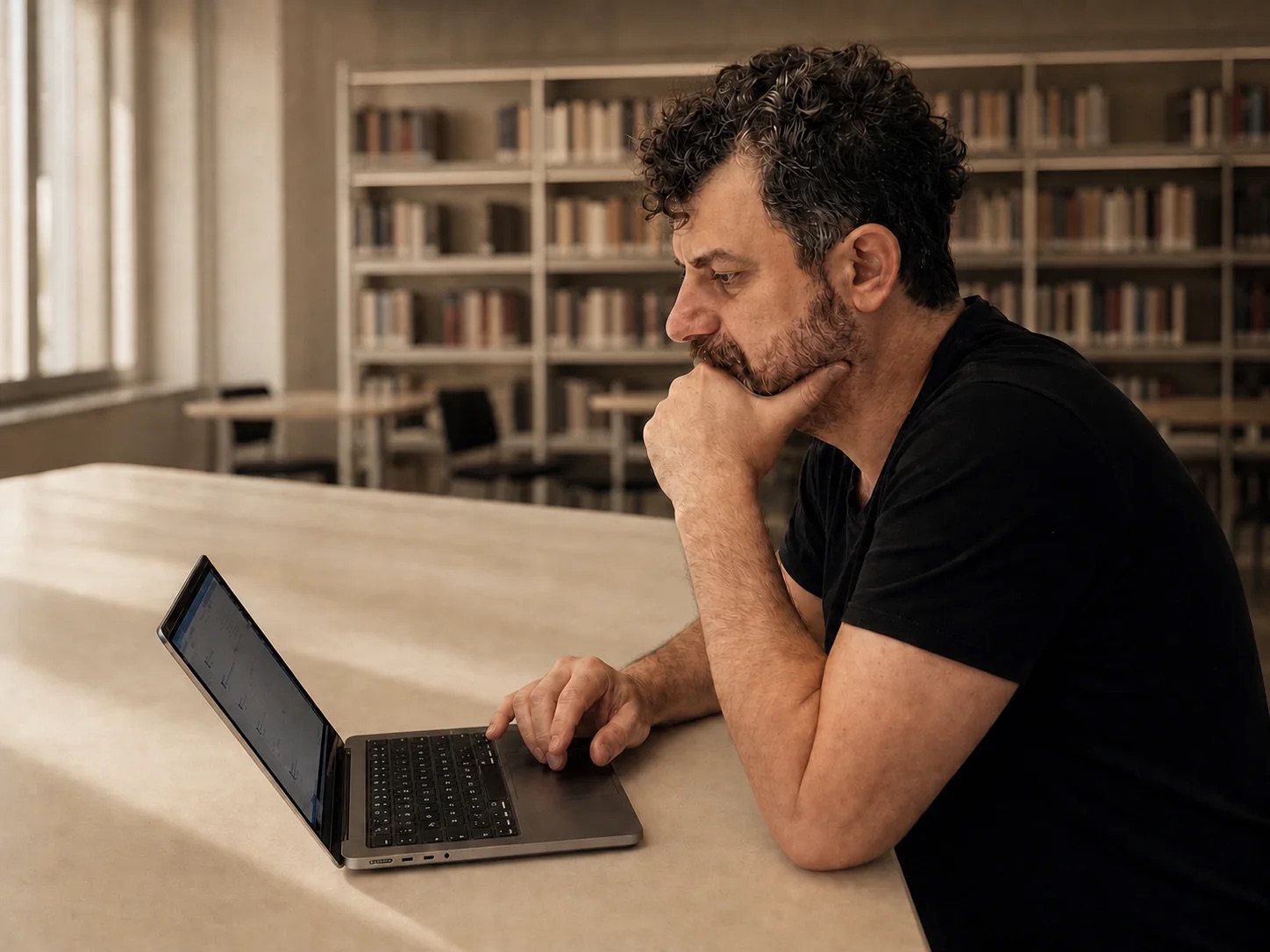 Serkan Karababa kütüphanede bilgisayarıyla çalışırken